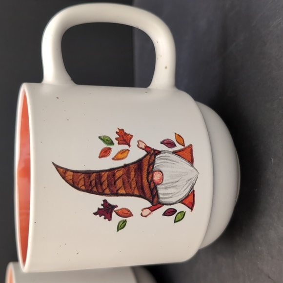 Sheffield Home Ceramic White/Orange Mug Set with Whimsical Gnome Designs. - Picture 3 of 9